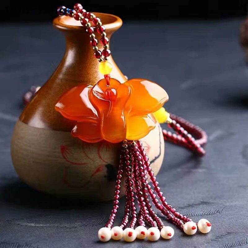 Ожерелье из натурального граната красная подвеска в виде цветка магнолии