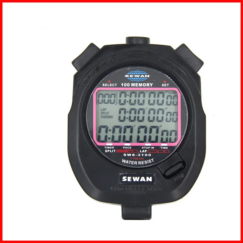 

Stopwatch SW8-3100 Digital Chronograph 1/100 Second Sports Stop Watch Counter Timer 3 Row 100 Memories Lap Split