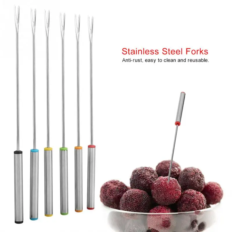 6pcs/set Stainless Steel Chocolate Fork Cheese Fruit Dessert Hot Pot Forks Fondue Melting Skewer Kitchen Tools | - Фото №1