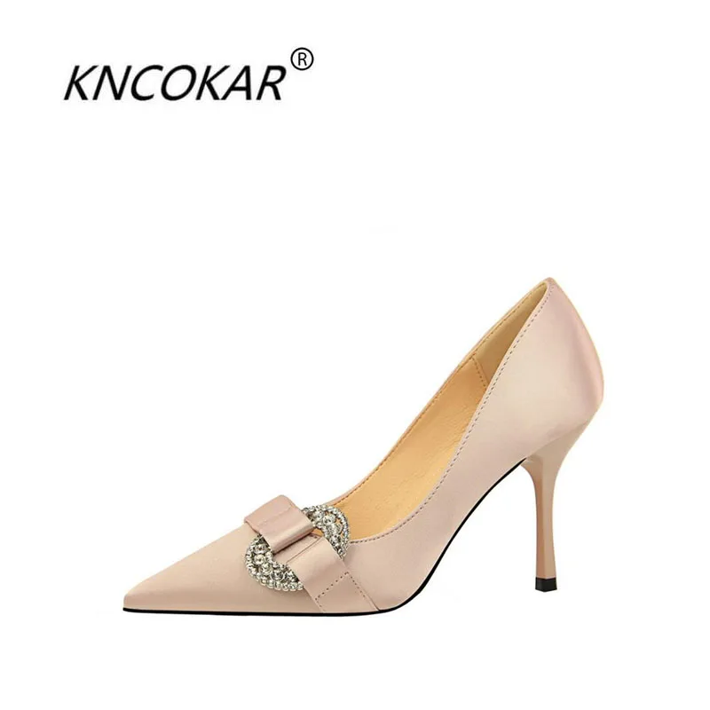 

KNCOKAR New style ladies fashion simple satin light - pointed sexy banquet water - drill button high single - heeled shoes