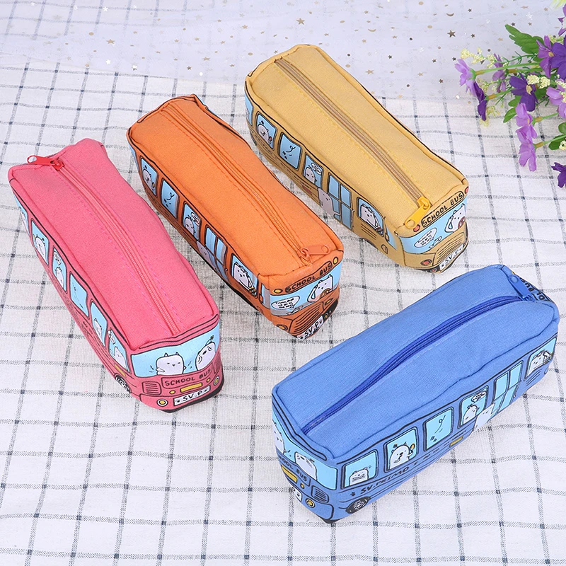 Коробка для карандашей с креативным дизайном "Милый школьный автобус", изготовленная из холста, подарок для детей, школьные принадлежности - 1 шт.