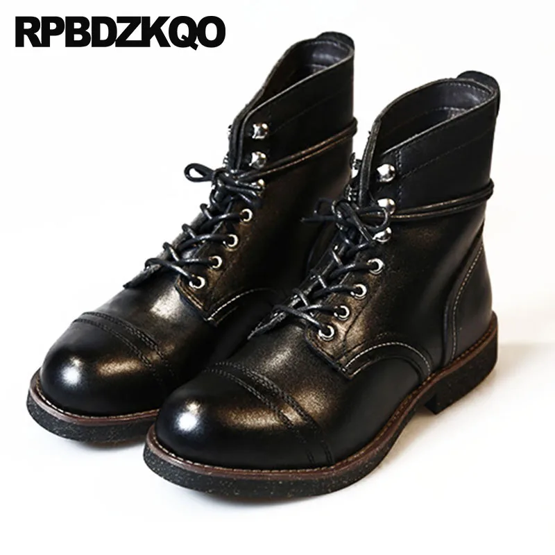 

Retro Combat Boots Shoes Full Grain Leather Big Size High Top Chunky Booties Military Lace Up Black Plus Men Army Ankle Vintage