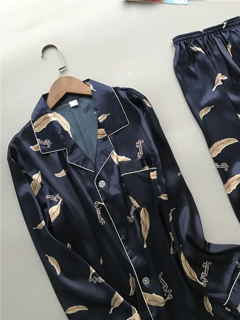 New brand men pajama set long sleeve silk men's pajamas print casual home clothes male sleepwear pyjama suit pijama hombre