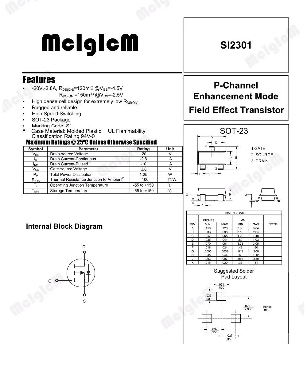 MCIGICM si2301, 100pcs SMD mosfet транзисторы СОТ-23 SI2301 MOSFET P-CH 20V 3.1A SOT23-3