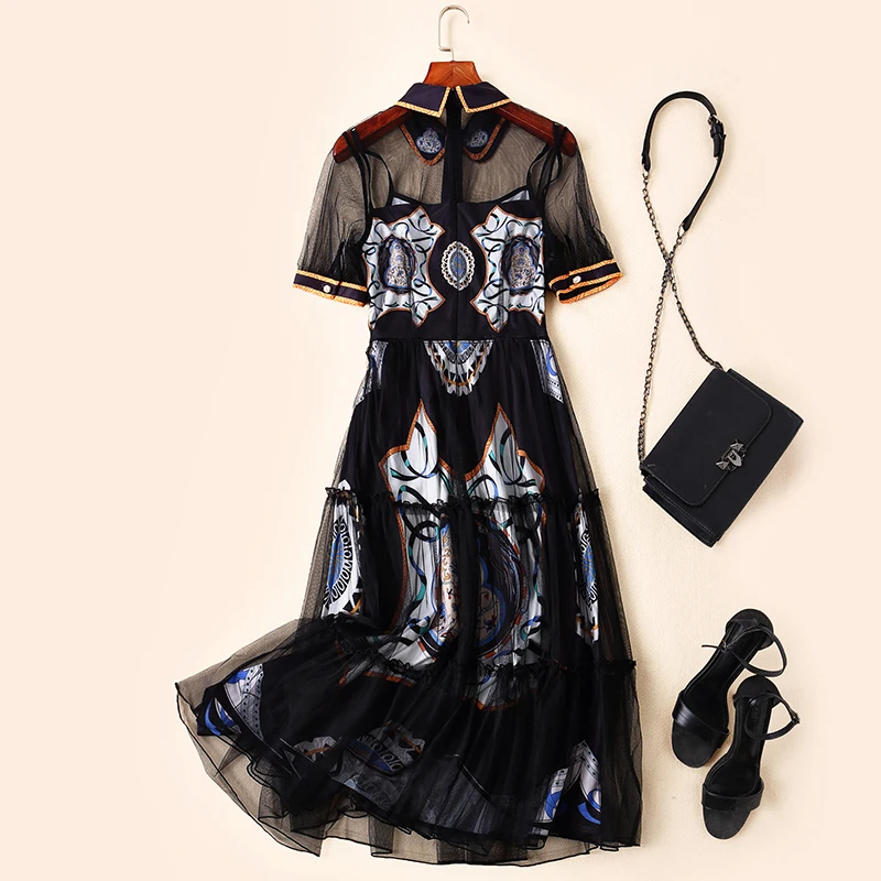 Ziwwshaoyu элегантные сетчатые платья Питер Пэн воротник печати выдалбливают большой маятник вечерние платья весна и лето новые женские