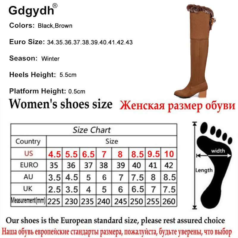 

Gdgydh 2018 Lacing Over the Knee Boots Women Real Fur Large Size 43 Fashion Black Square Heels Woman Winter Shoes Snow Boots