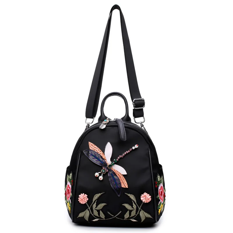 Chinese Ethnic Vintage Backpack Retro Flower Dragonfly Embroidery Cloth Backpacks Women Black Fashion Rucksack Travel Daypack|travel daypack|cloth