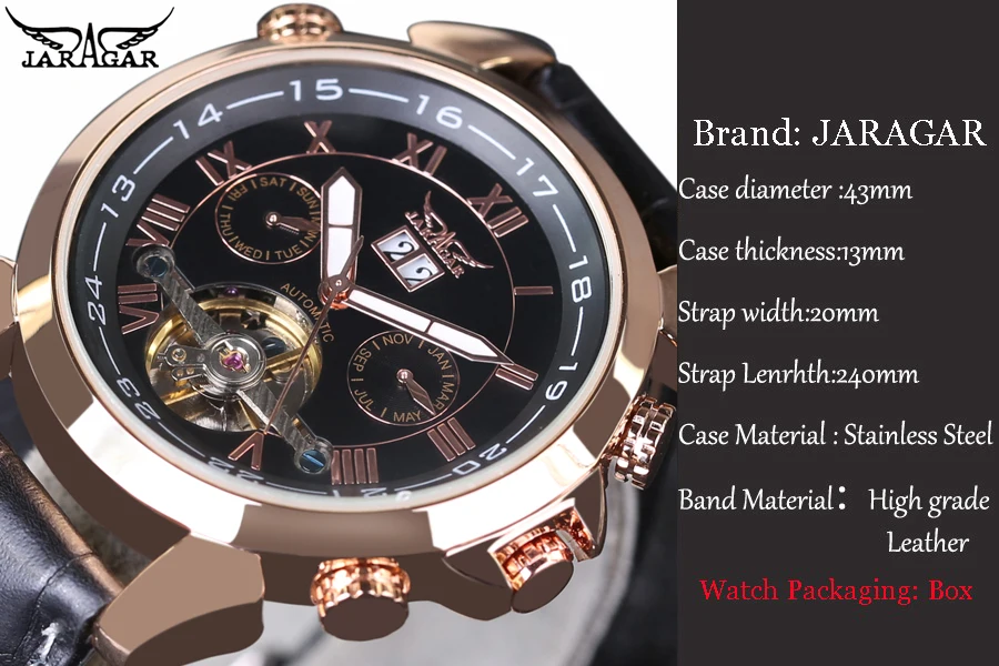 Часы Jaragar Мужские с 2 циферблатами классический дизайн турбийон черный кожаный