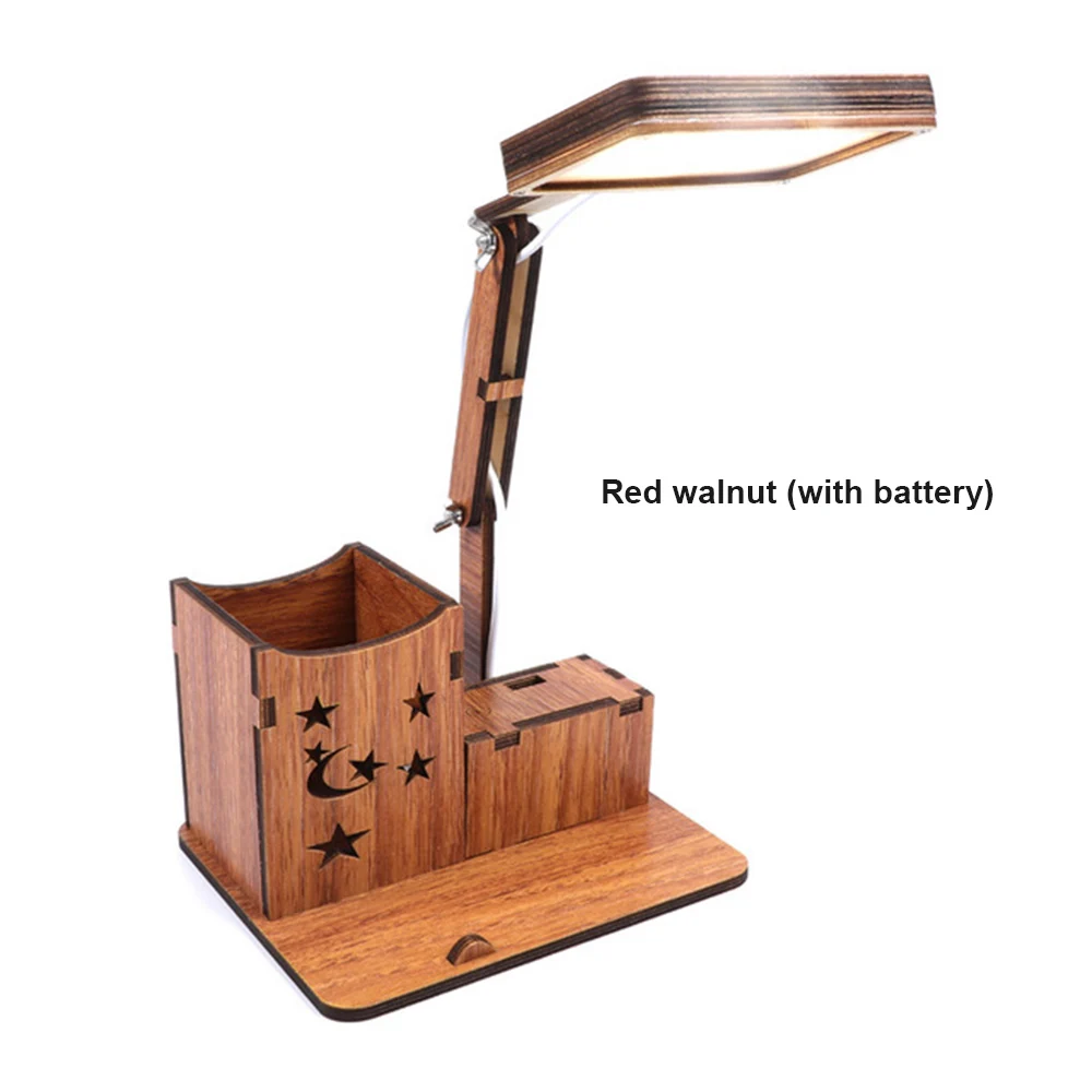 Red with Battery Rechargeable Wooden LED Desk Lamp with Brush Pot& Phone Holder Base Vintage Deco Dimmer Study Table Lamps for the Bedroom - Цвет корпуса: Red with Battery