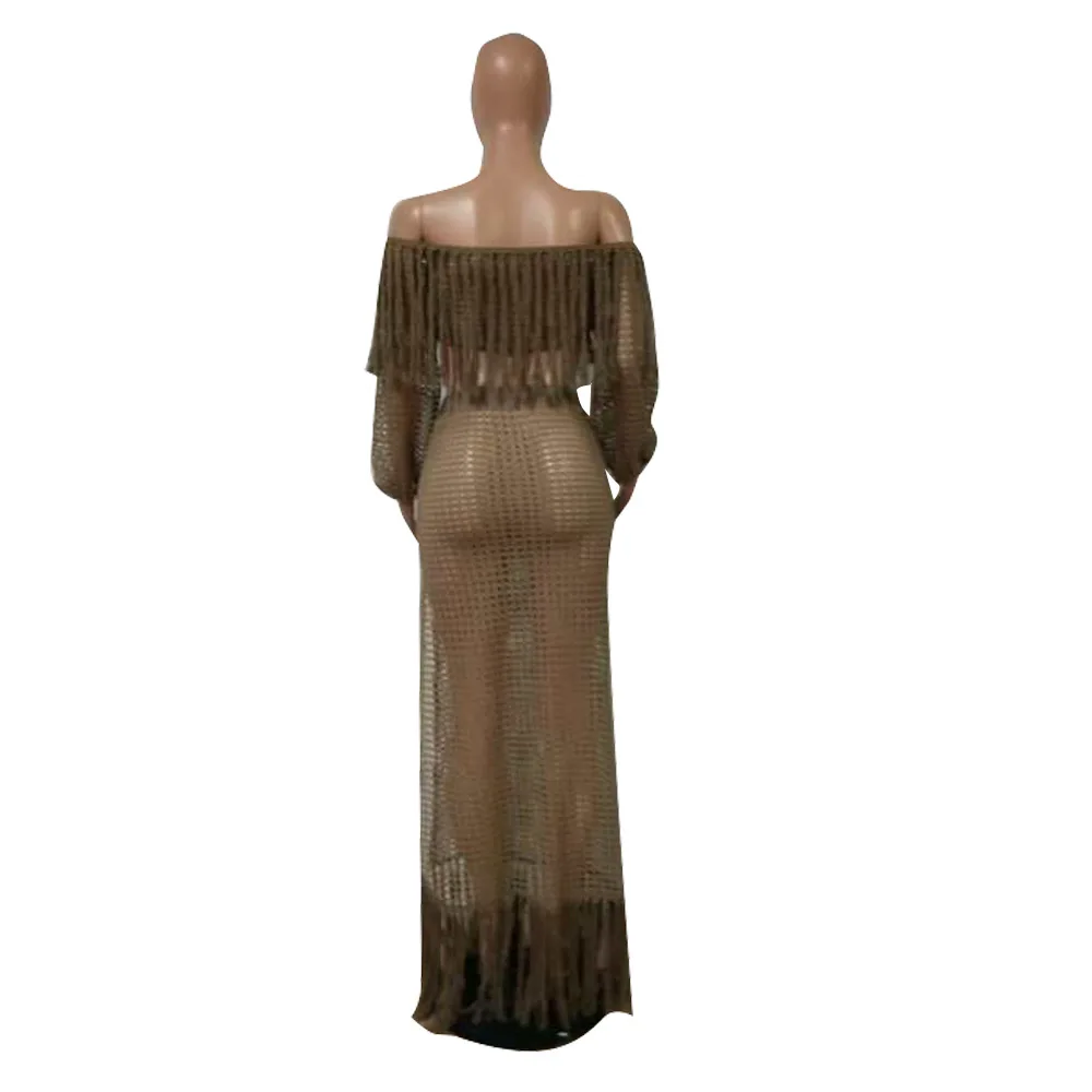 

2019 Summer Sexy Solid Color Lanter Sleeve Slash Neck Hole Hollow Out Tassel Split Women Beach Dresses Suits Tow Piece Outfits
