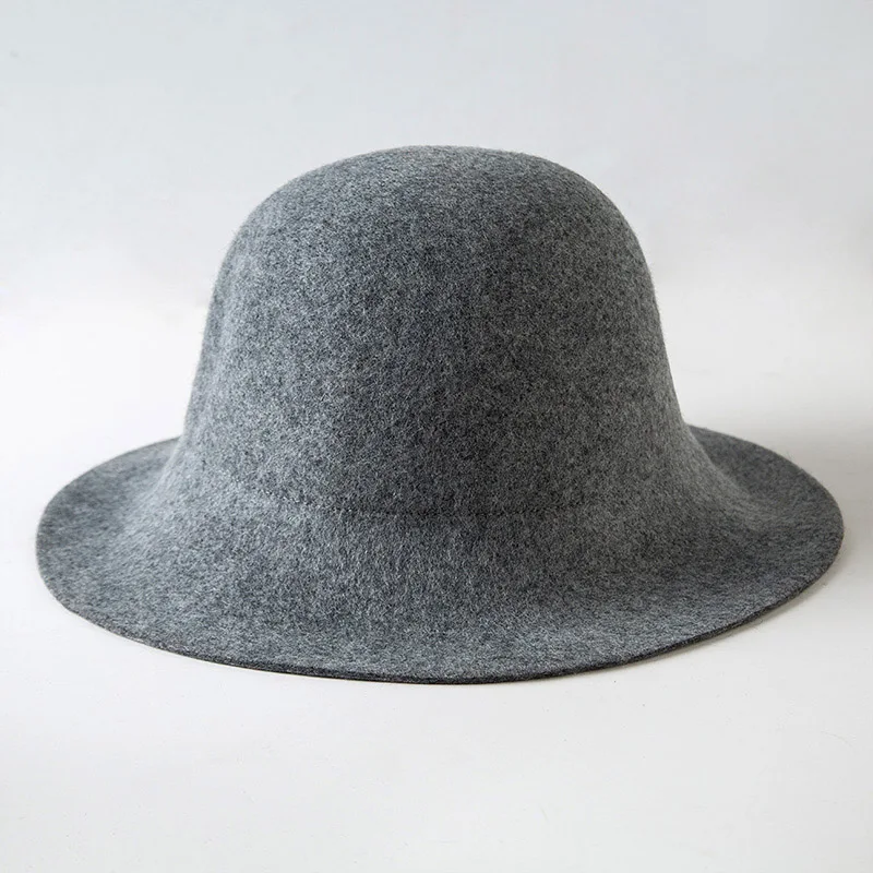 grey Winter Vintage Fedora Hat Women Thick Cashmere Hats polyester Felt Crushable Wide Brim Floppy Cap Retro Wool Top Hats - Цвет: grey