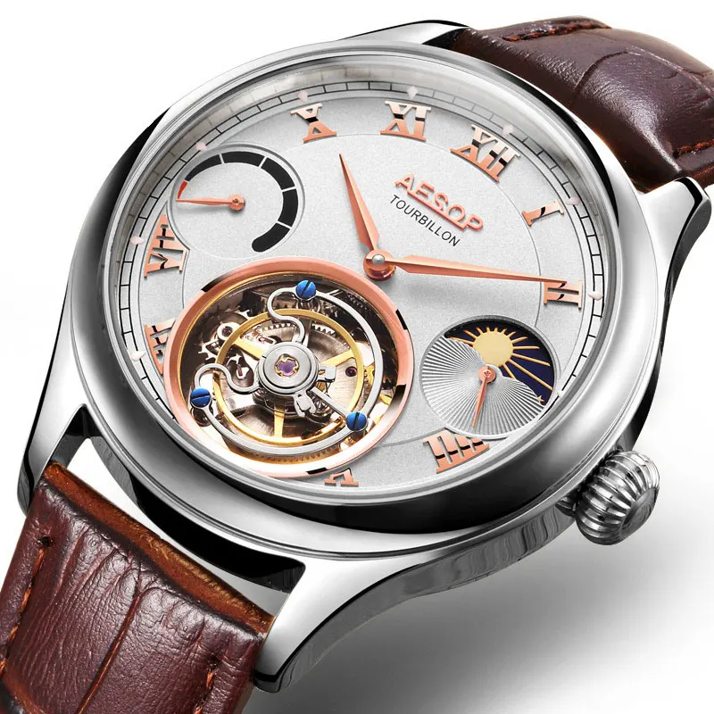 Brown white Высококачественные Tourbillon часы с копейкой, мужские роскошные многофункциональные часы с Луной и телефоном, механические часы, мужские часы montre homme 7001 - Цвет: Brown white