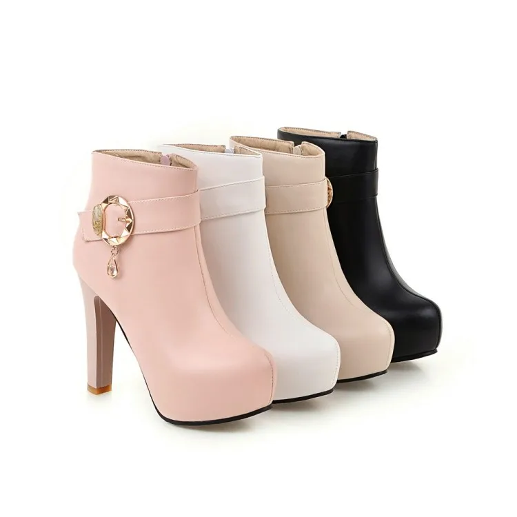 

XJRHXJR Fashion Buckle Ankle Boots Autumn Winter Shoes Ladies High Heels Round Toe Platform Pumps Women Dress Boots Zipper