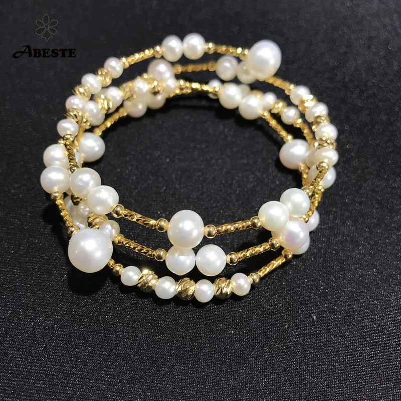

ANI 14K Roll Yellow Gold Pearl Bracelet Round Shape Pearl Jewelry Fashion Natural Freshwater White Pearl Bracelet for Women Gift