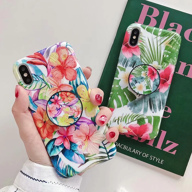 Мраморный чехол для телефона iPhone XS Max силиконовый с подставкой в виде листьев и