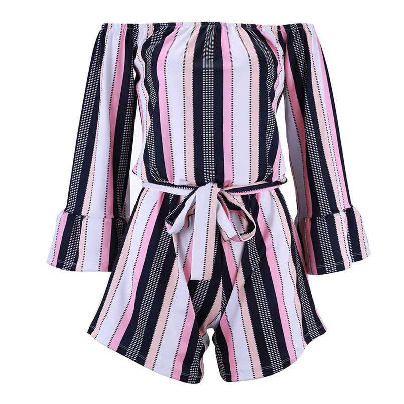 Женский комбинезон в полоску сексуальный с рукавами-бабочками и открытыми