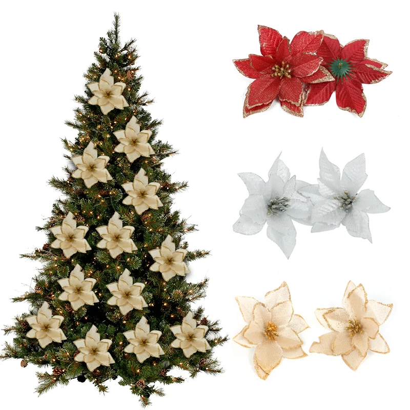 10 шт. красный блестящий цветок Poinsettia Рождественская елка украшения Рождественские украшения для дома Рождество год Декор вечерние принадлежности