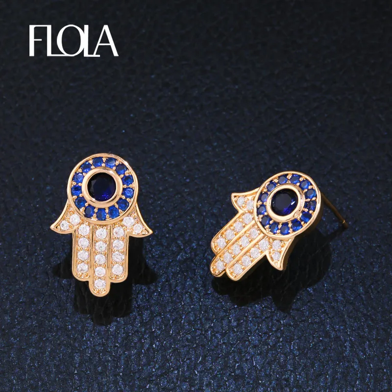 Женские серьги гвоздики с голубым цирконием Fatima Hamsa этническое Золотое ювелирное
