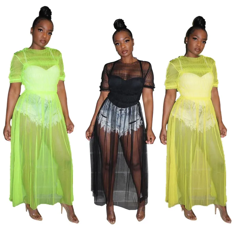 Summer See Through Mesh Maxi Dress Women O-neck Short Sleeve Tunic Pleated Long Sexy Party Beach Wear Sundress Vestidos | Женская одежда