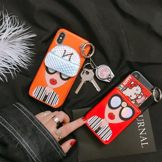 Fashion Sexy girl Black N Cap card pocket for iPhone 6 7 8 X XS phone case sunglasses cool lady finger ring 6S back cover |