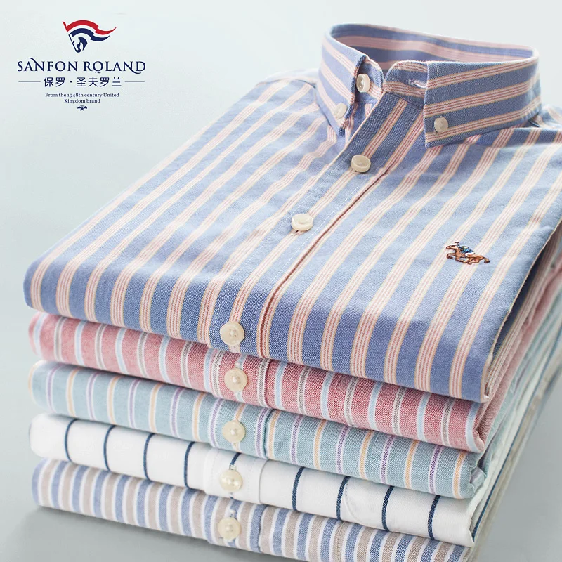 Paul spring-autumn pure cotton washed Oxford blouses men's long-sleeved striped shirts slim fit for youth leisure |
