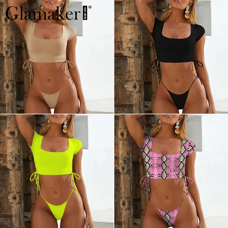 Glamaker сексуальные на шнуровке пляжный спортивные Боди женские летние стринги с высокой посадкой купальник женский пуш-ап раздельная футболка Боди Комбинезоны