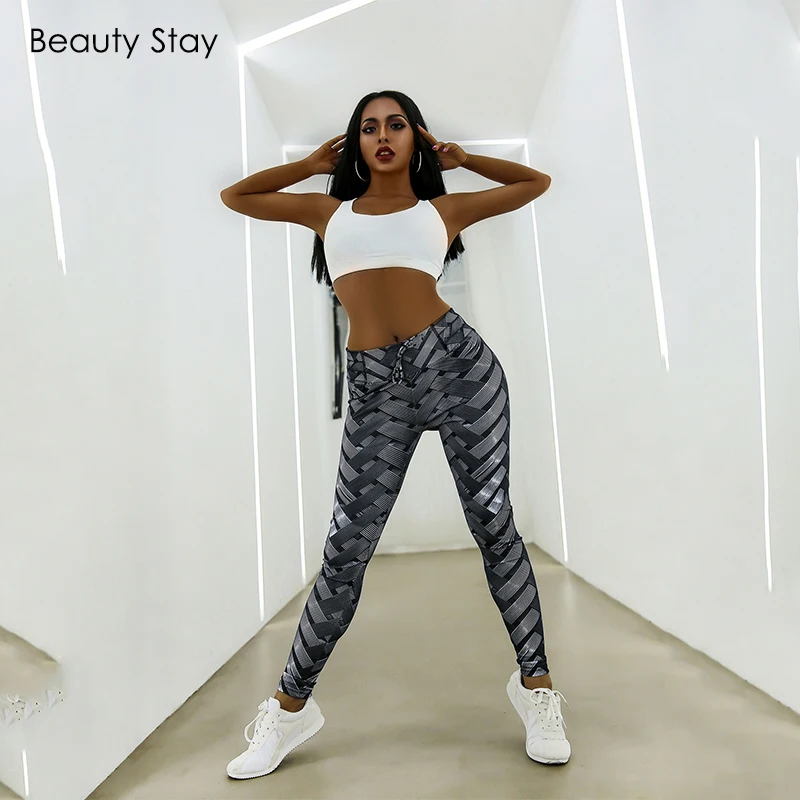 Женские леггинсы Beauty Stay черные спортивные штаны с высокой талией и принтом в виде