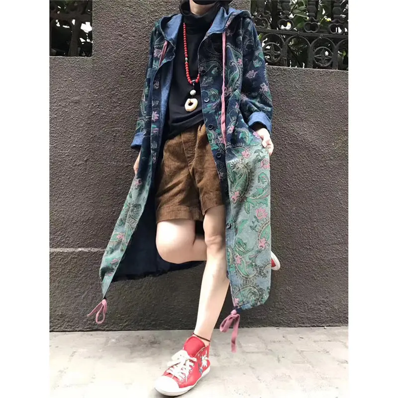 New Harajuku Denim Trench Coat For Women Oversizes Jeans Outerwear Long Sleeve Single-breasted Retro Print Streetwear f924