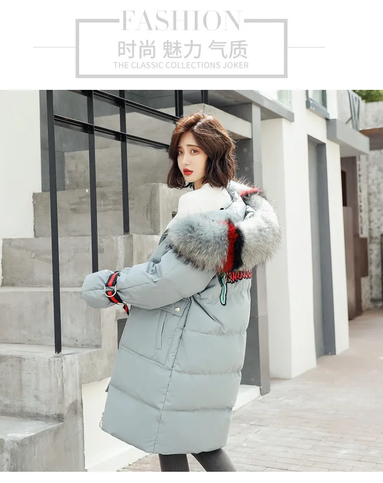 Женский пуховик с вышивкой элегантный длинный воротником из натурального меха и