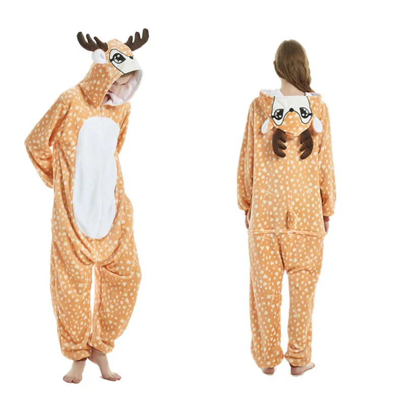 christmas deer Зимние пижамы унисекс для взрослых с милыми животными; комплекты одежды для сна с героями мультфильмов; женские пижамы; теплая Фланелевая пижама с единорогом и единорогом - Цвет: christmas deer