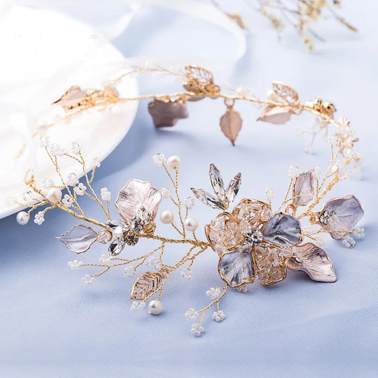 

SLBRIDAL Handmade Pearls Flower Clear Rhinestone Leaf Wedding Hair Vine Headband Bridal Headpiece Hair Accessories Women Jewelry