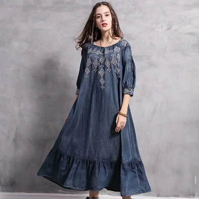 Женское платье 2019 Yuzi.may Бохо новые джинсовые женские платья с круглым вырезом рукав до локтя трапециевидная винтажная вышивка свободные платья A82126