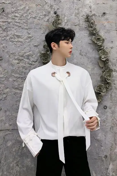 

Bar trend male singer nightclub DJ stage performance clothing personality trend ribbon tassel long sleeve shirt handsome