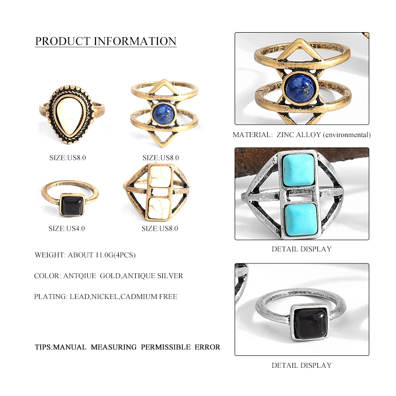 WILD&ampFREE Vintage Bho 4 pcs Ring Set For Women Punk Style Antique Gold Multicolor Stone Beads Turkish Knuckle Rings Party GifT |