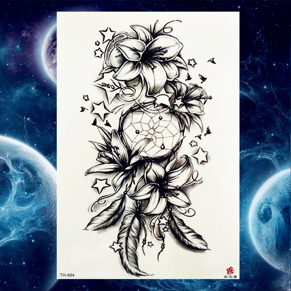 Черные татуировки Ловец снов временные женские боди руки цветочные ножки
