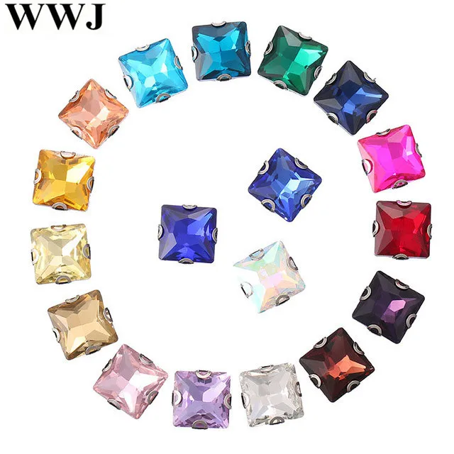 

Princess Square Sew on D Claw Rhinestone Glass Crystal 8 10 12 14 mm High Quality Sew-on stone for dress costume