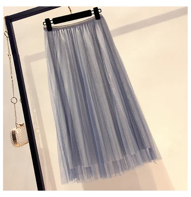 blue skirt Новинка лета, Женская яркая шелковая плиссированная юбка в сеточку, Женская Однотонная юбка с высокой талией, Милая блестящая юбка в сеточку - Цвет: blue skirt