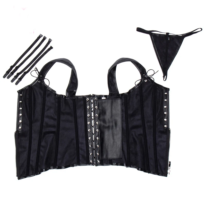 Корсет со шнуровкой спереди черный кожаный корсет с ремнями корсаж в стиле
