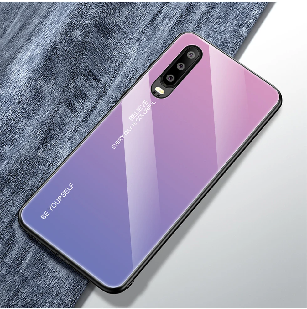 3D цветное закаленное стекло+ силиконовый чехол для huawei P20 P30 Pro Lite honor 9 Lite 10 P smart mate 10 20 Lite Pro Чехол для сотового телефона - Color: Pink to purple