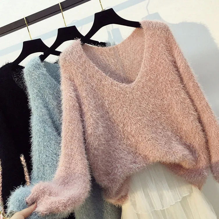 Women Sweaters and Pullovers 2019 Winter Mohair Warm Oversized Sweater V Neck Knitted Pull Femme Jumper | Женская одежда