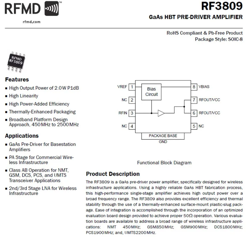 RF3809 0 8 M -1000MHZ 1Ghz 2W hing linearity RF усилитель мощности высокой для BTS трансиверов Ham Radio |