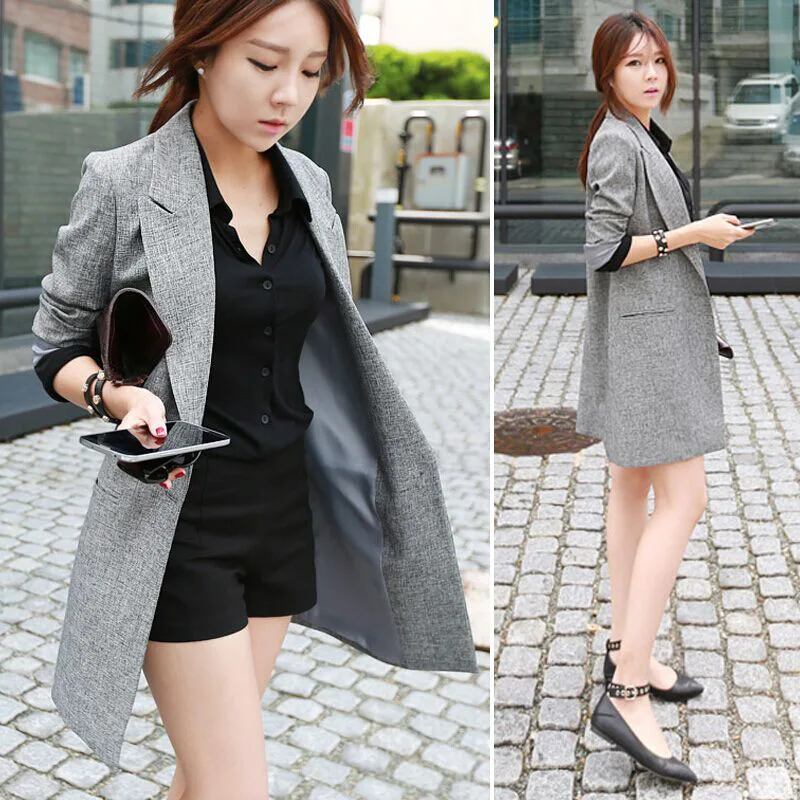 

Brief OL Solid Hidden Breasted Long Women Suits Blazer feminino jacket Ladies Plus Size Pockets Business Blaser mujer