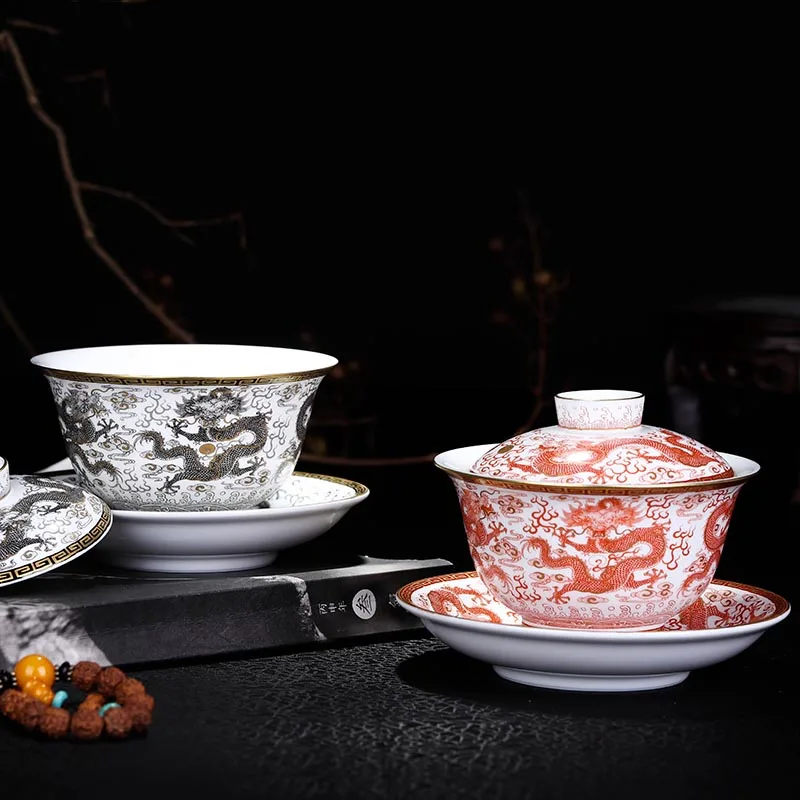 160 мл Цзиндэчжэнь Gaiwan ручная роспись Дракон узор благородная чайная чаша