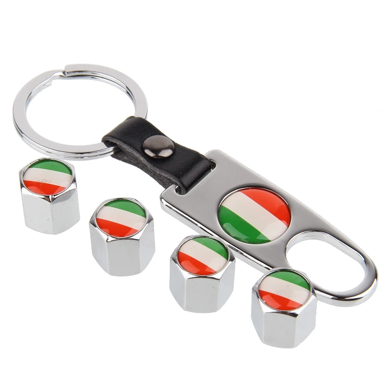 HAUSNN Italy Flag Black/Silver Car Tyre Valve Caps Tire Air Dust Stem Covers With Keychain For Ferrari FIAT Alfa Romeo