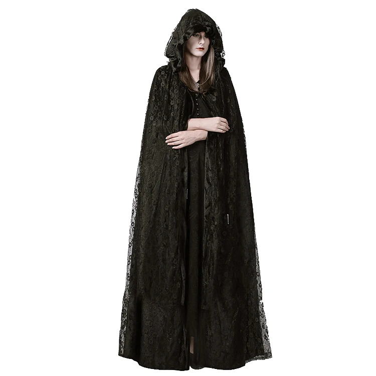 

Punk Gothic Women's Lace Long Cloak Long Sleeve Witch Cape Black Hooded Outwear Holloween Costume