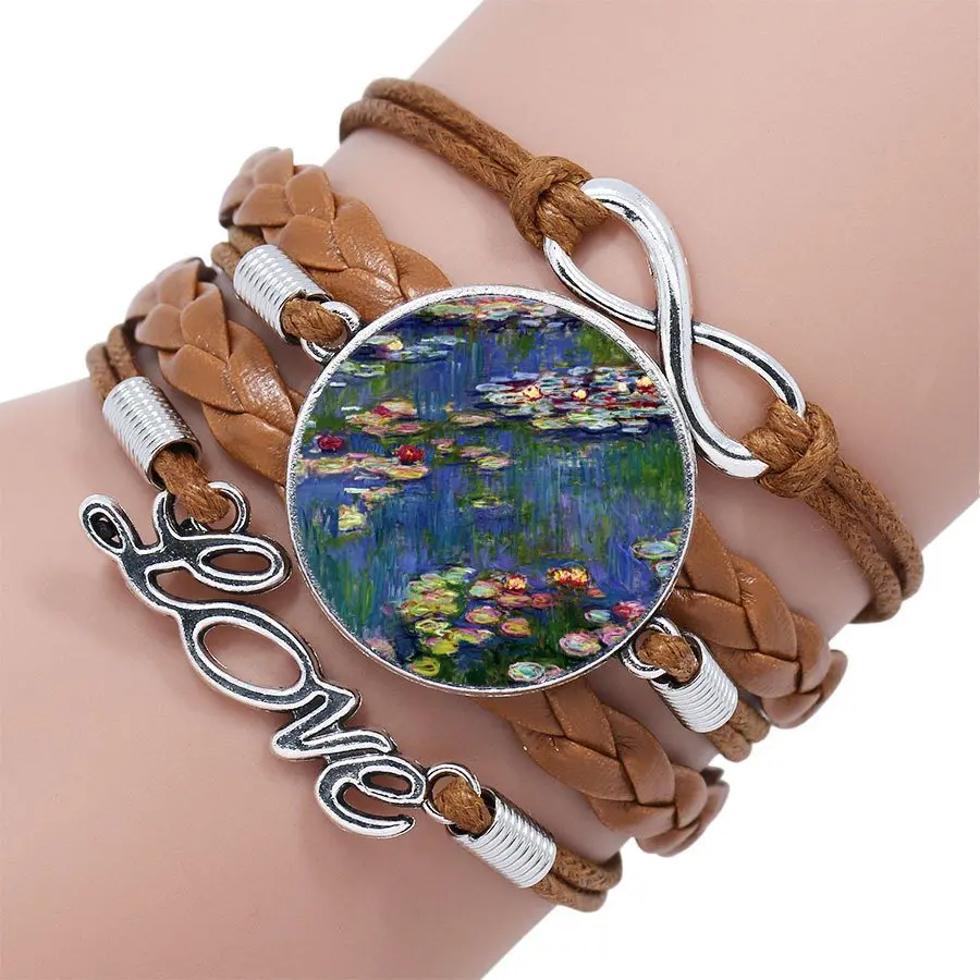 For Girls Gifts Claude Monet Water Lilies Jewelry Glass Cabochon Multilayer Black/Brown Leather Bracelet Bangle | Украшения и
