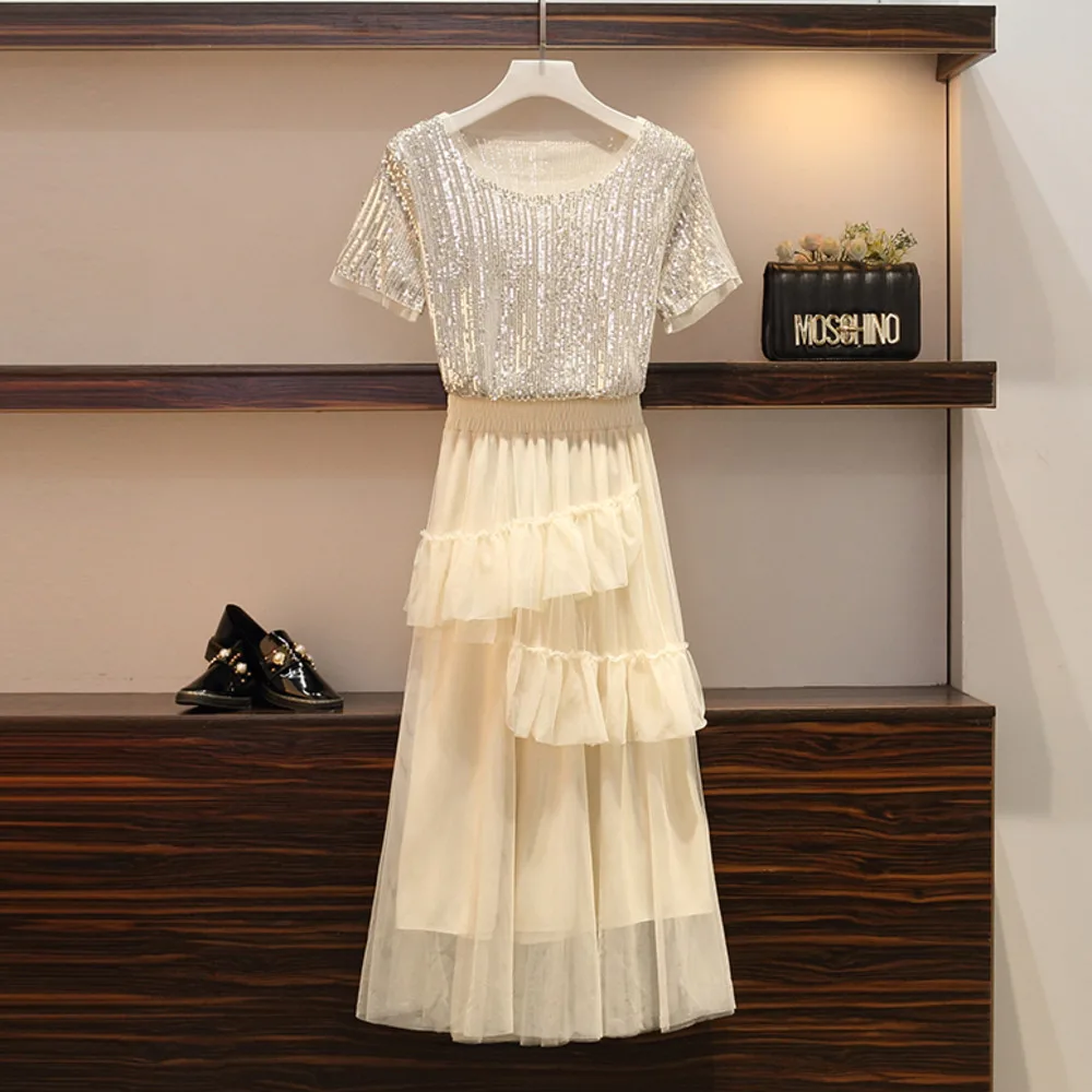 5XL плюс Размер Женская одежда комплект из 2 предметов Футболка с блестками белые