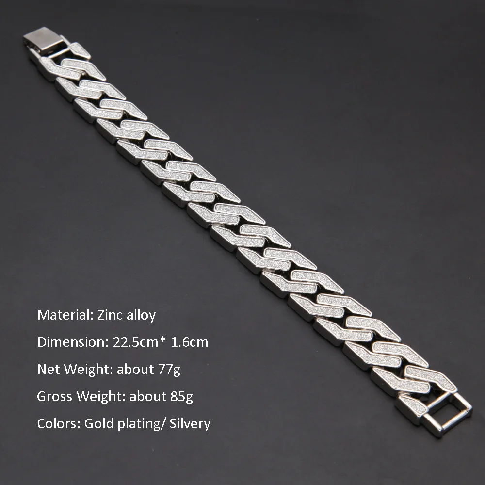 Sand Blast Bracelet Cuban Chain Link Alloy Iced Out Hip Hop Gold Silver Color Bling Crystal Heavy 15MM for Mens Bracelets 8.6" image 2