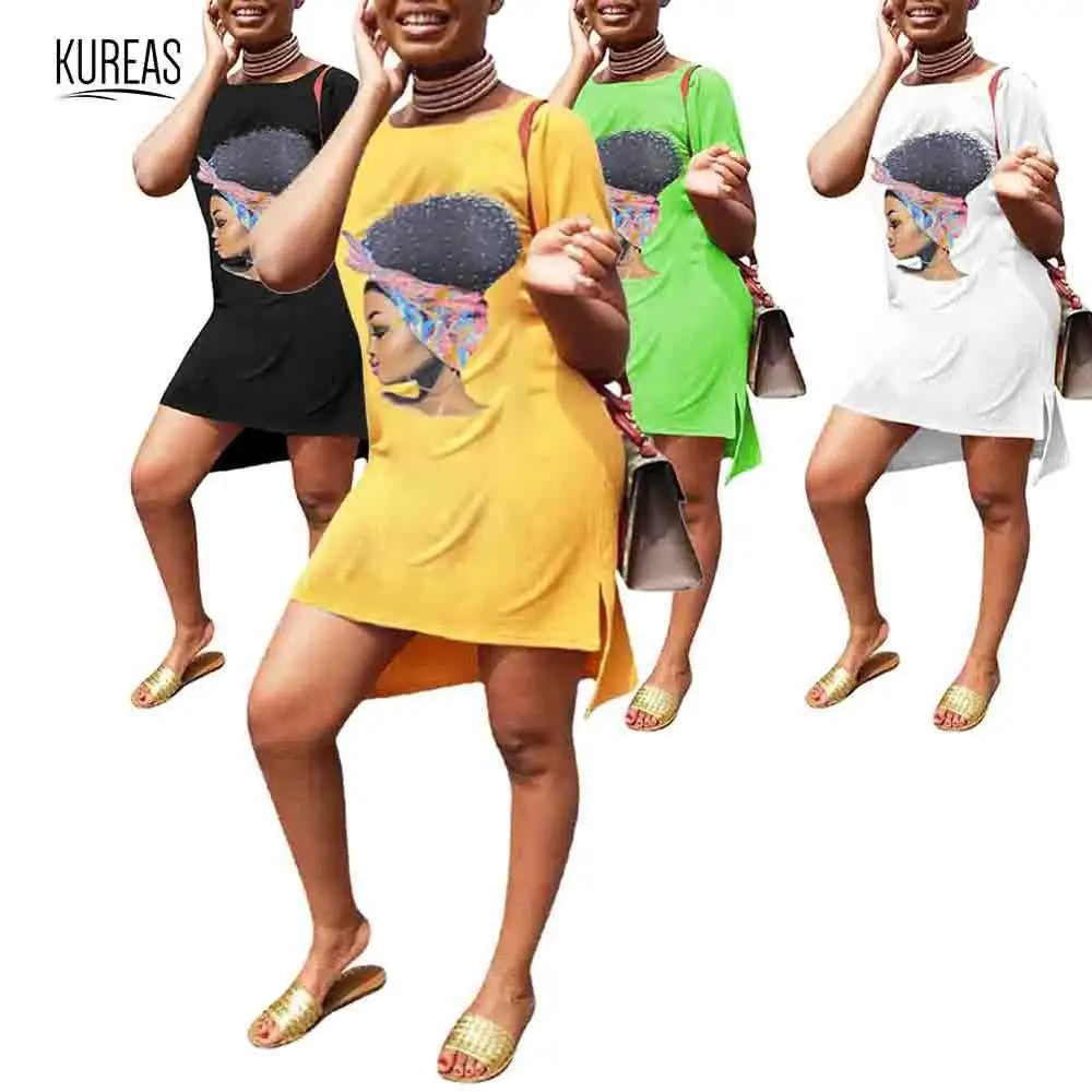 Kureas, женские африканские платья, повседневные, Vestido Dashiki, свободный принт, асимметричный подол, цельное мини-платье-рубашка, африканская одежда