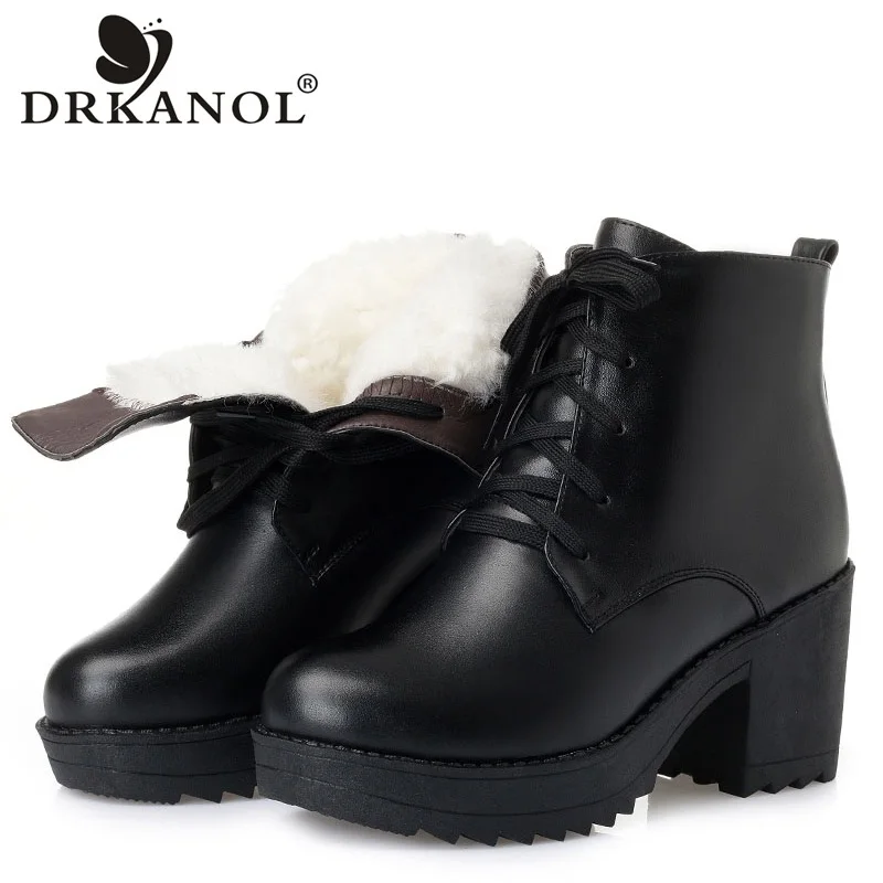 

DRKANOL Women Winter Snow Boots 2021 Waterproof Genuine Leather Wool Thick High Heel Ankle Boots Women Platform Boots Size 42